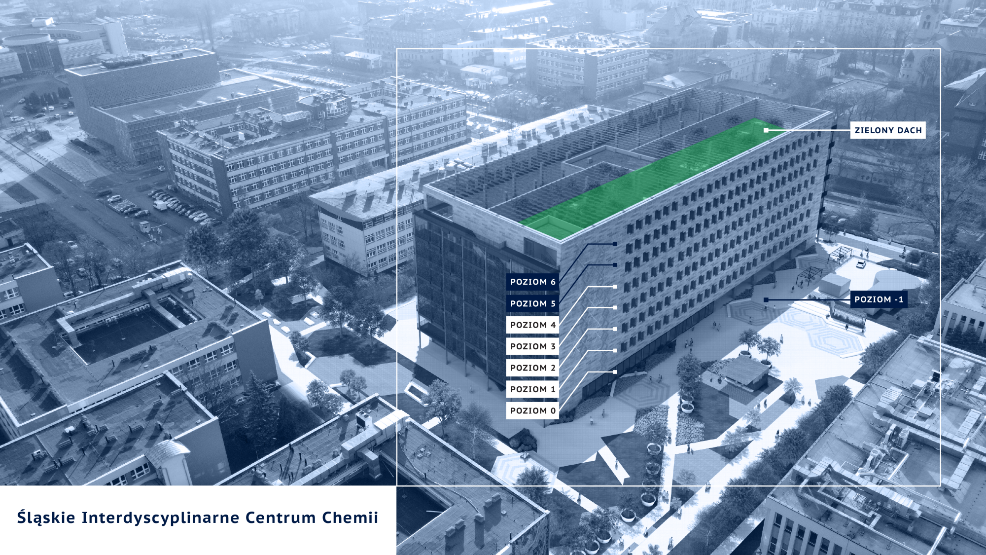 Wizualizacja Budynku chemii na dole napis Sląskie Interdyscyplinarne Centrym Chemii, strzałki na poszczególne kondygnacje