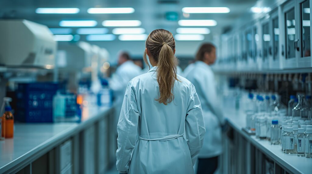 Kobieta w fartuchu przechodząca miedzy regałami